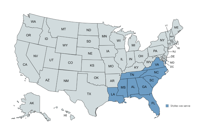 A USA image with States we serve in highlights